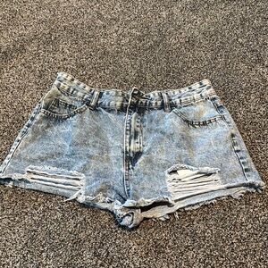 SHEIN Blue Distressed Jean Shorts Vintage Style graphic pockets smiley faces
